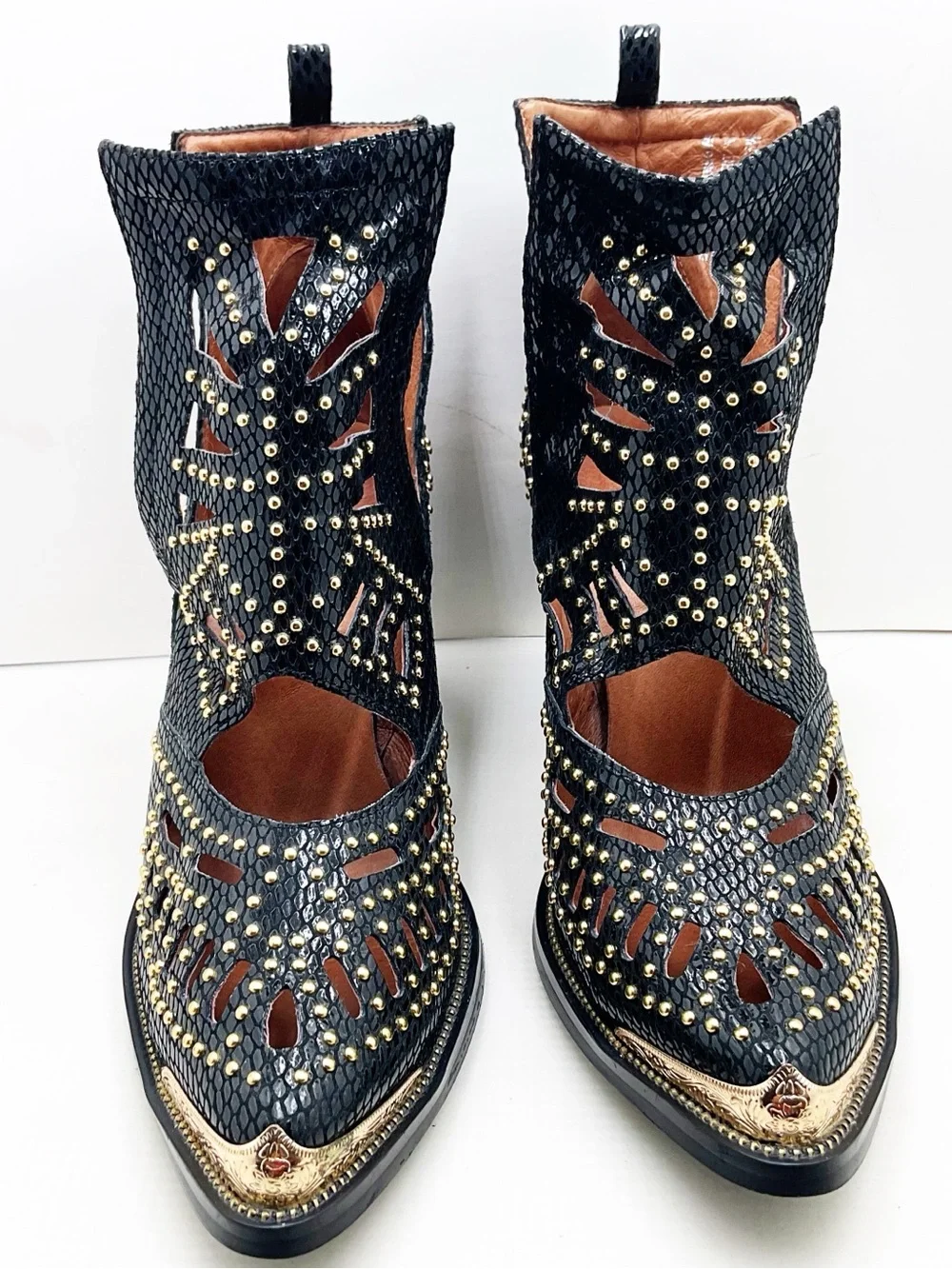🆕{Jeffrey Campbell}Maceo Gold Studded Cutout Western Ankle Boots